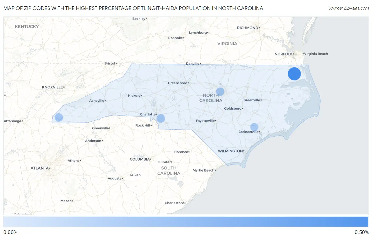 Zip Codes with the Highest Percentage of Tlingit-Haida Population in North Carolina Map