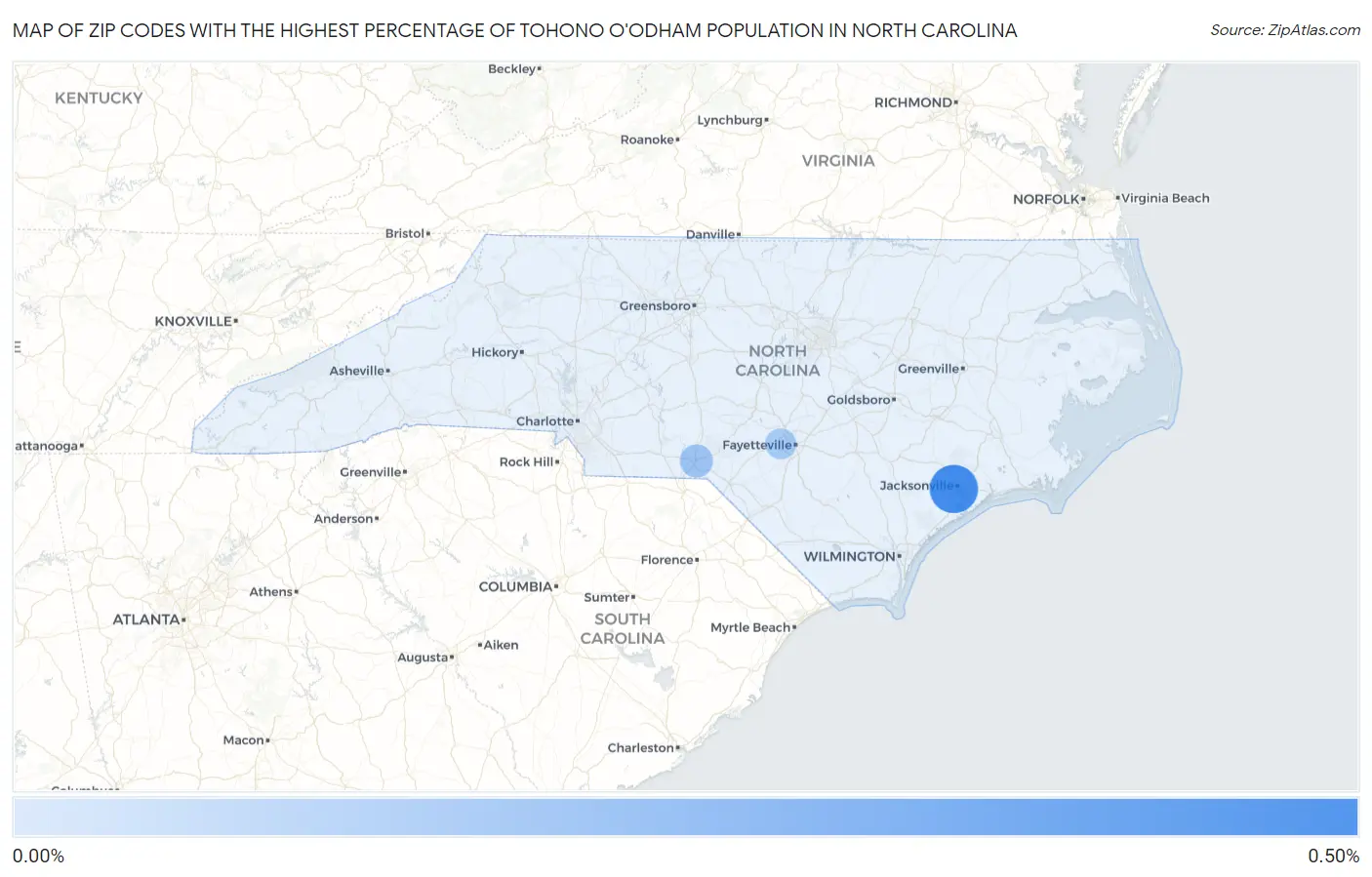 Zip Codes with the Highest Percentage of Tohono O'Odham Population in North Carolina Map