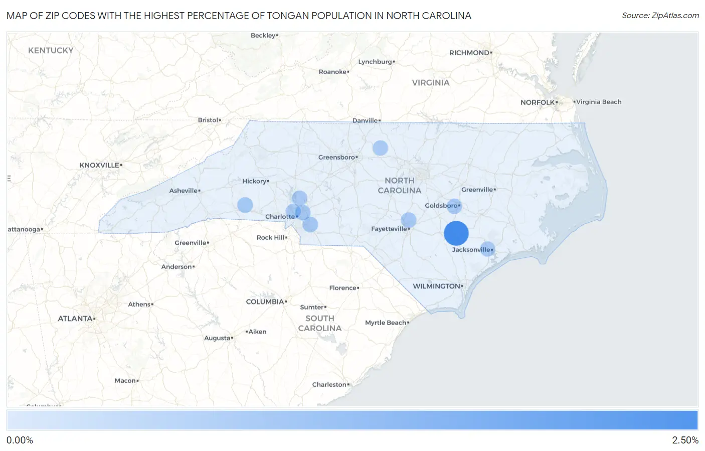 Zip Codes with the Highest Percentage of Tongan Population in North Carolina Map