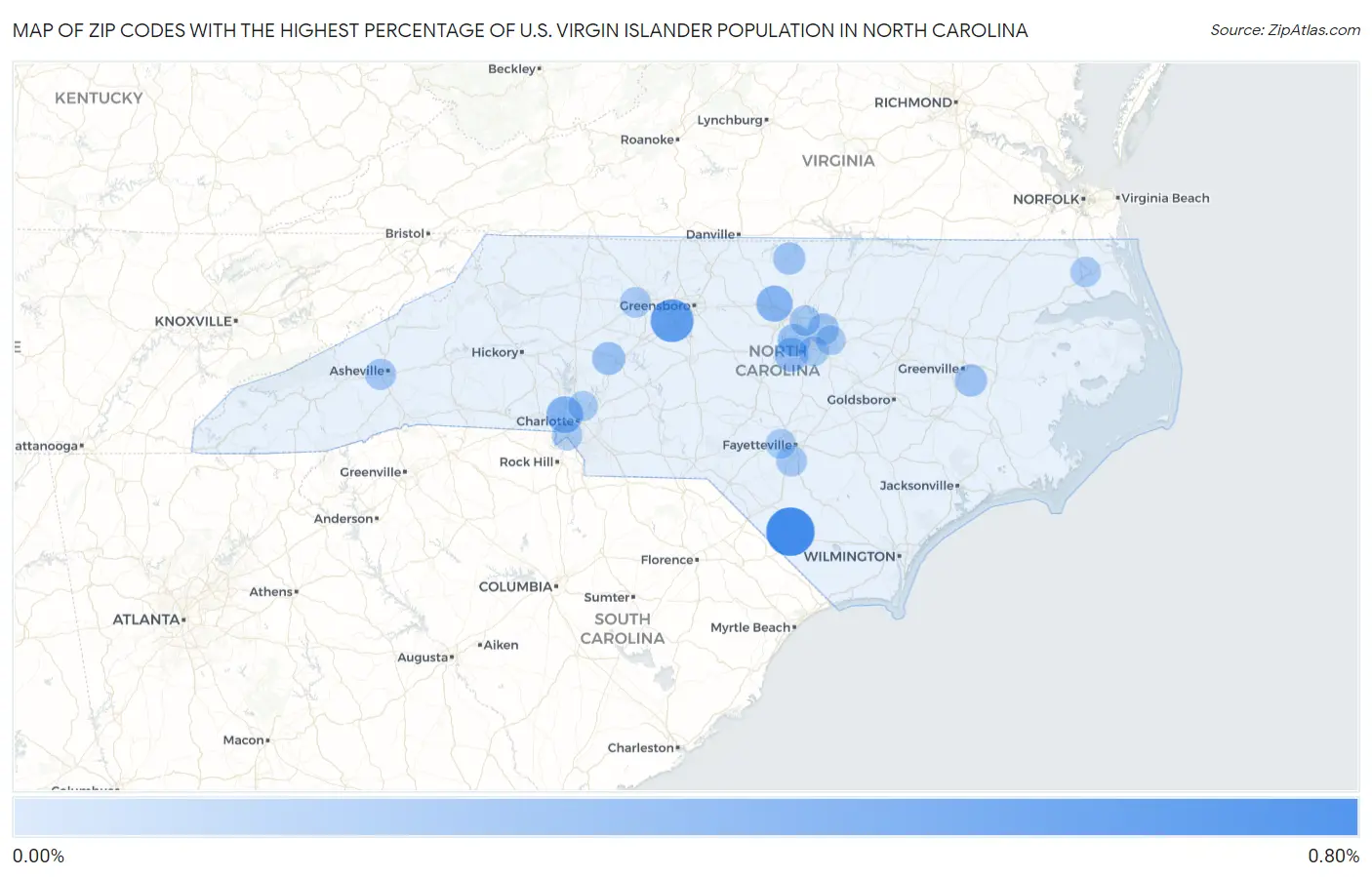Zip Codes with the Highest Percentage of U.S. Virgin Islander Population in North Carolina Map