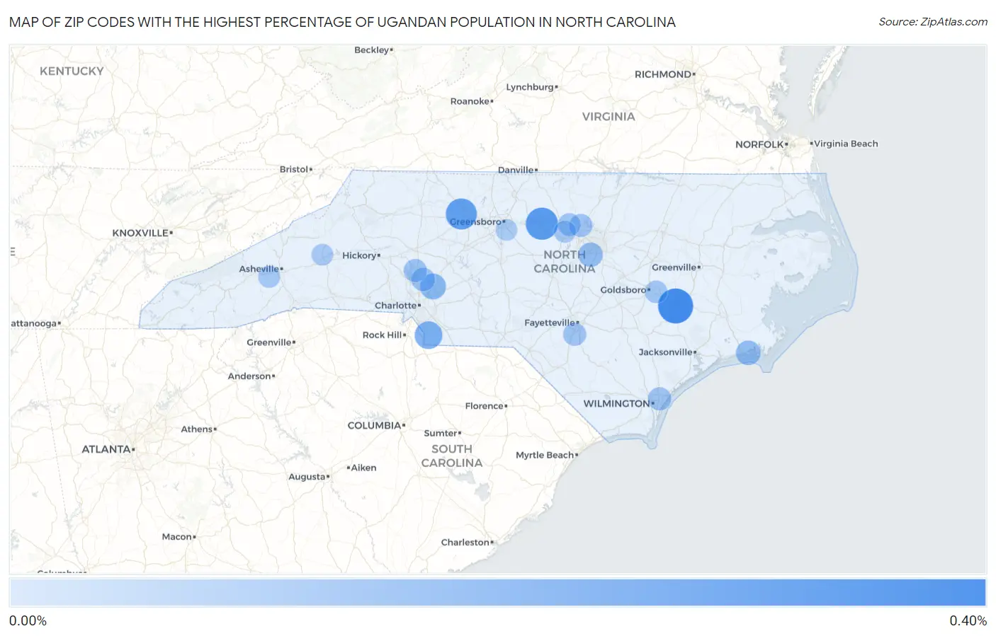 Zip Codes with the Highest Percentage of Ugandan Population in North Carolina Map