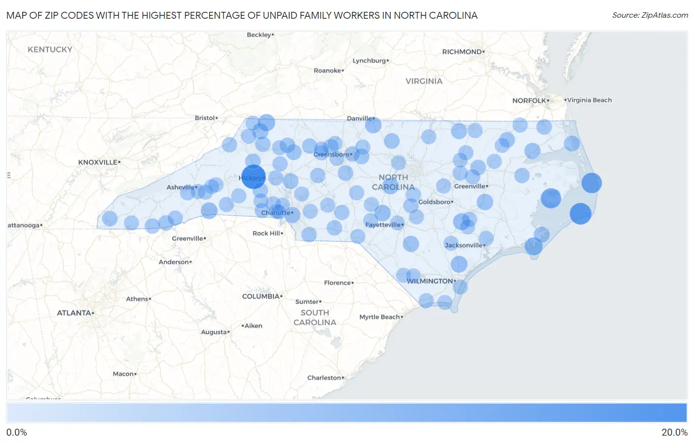 Zip Codes with the Highest Percentage of Unpaid Family Workers in North Carolina Map