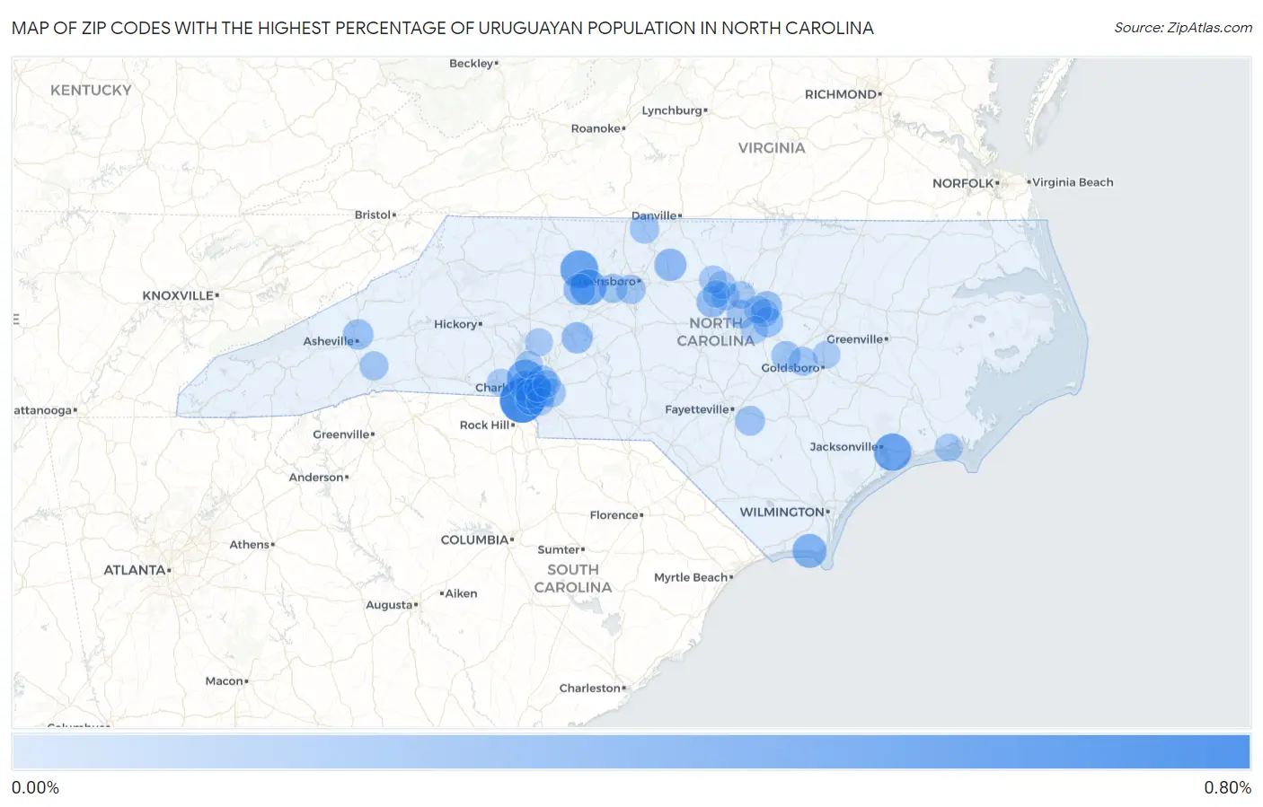 Zip Codes with the Highest Percentage of Uruguayan Population in North Carolina Map