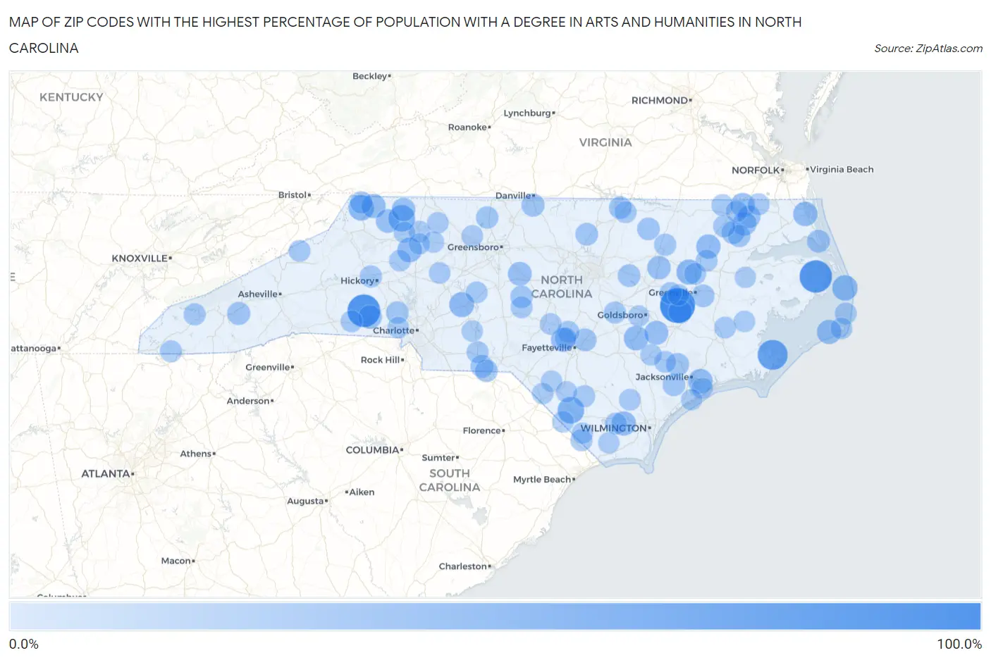 Zip Codes with the Highest Percentage of Population with a Degree in Arts and Humanities in North Carolina Map