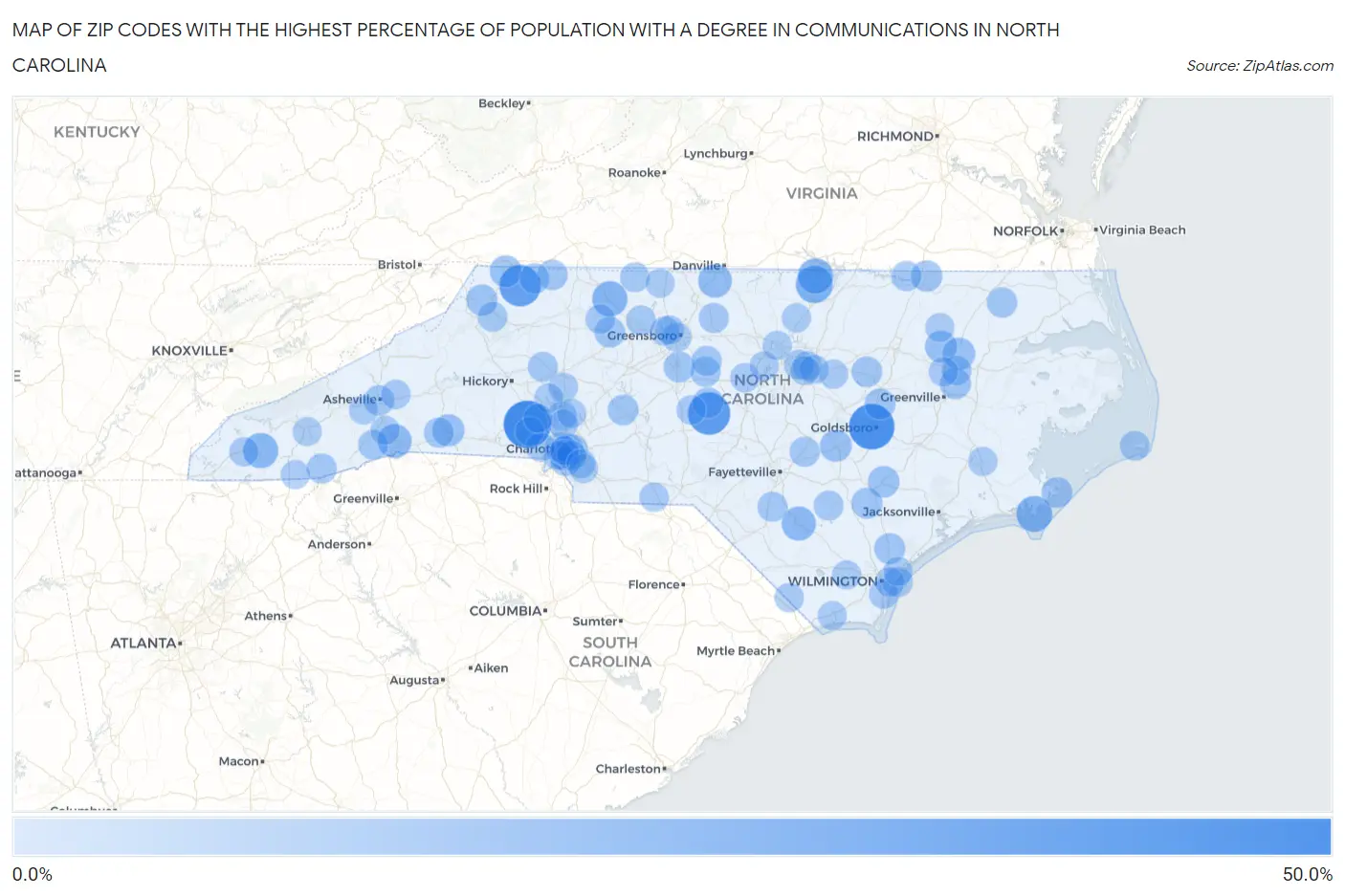 Zip Codes with the Highest Percentage of Population with a Degree in Communications in North Carolina Map