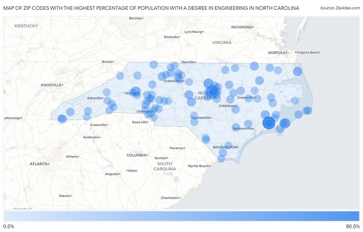 Zip Codes with the Highest Percentage of Population with a Degree in Engineering in North Carolina Map