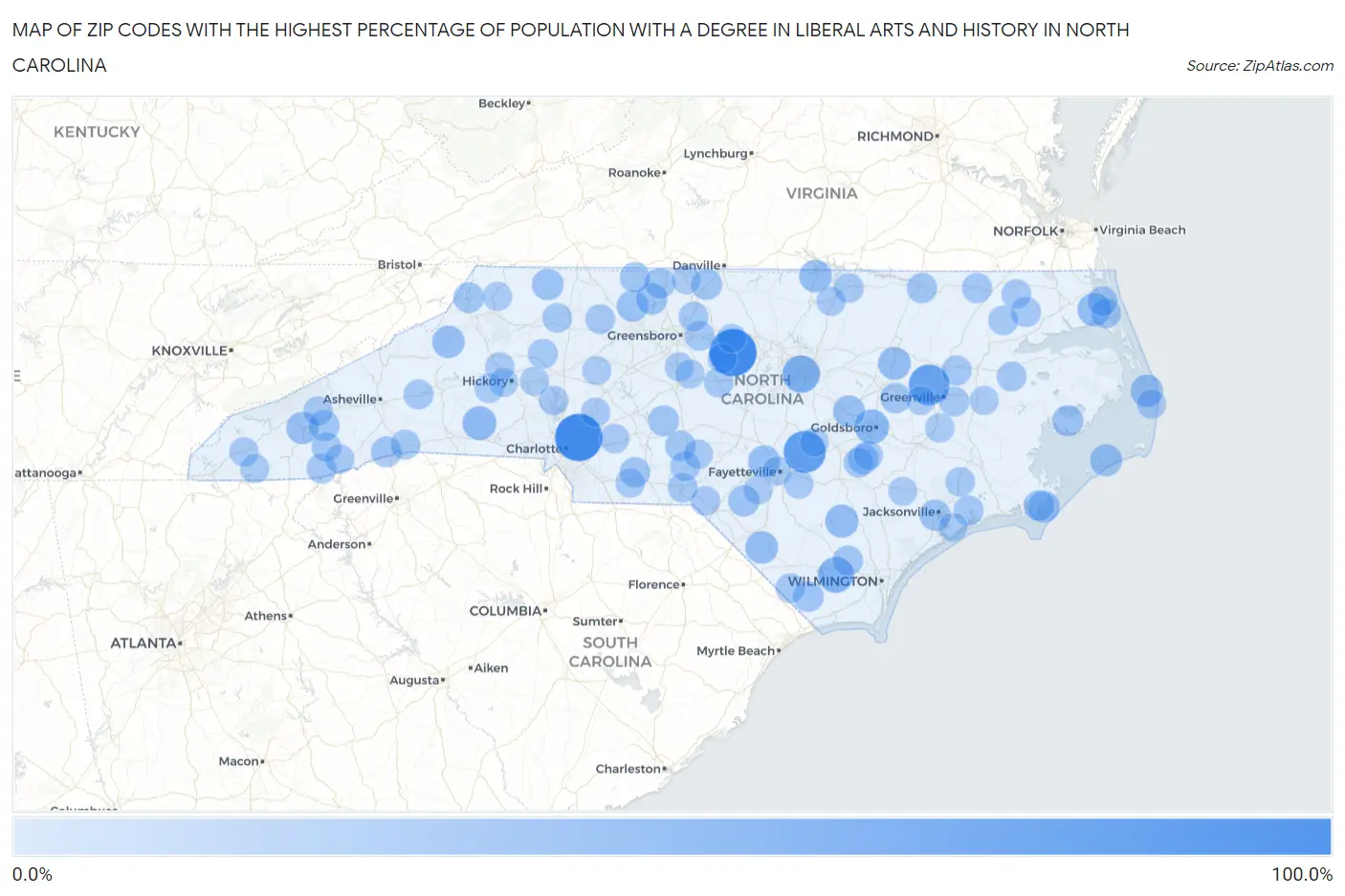 Zip Codes with the Highest Percentage of Population with a Degree in Liberal Arts and History in North Carolina Map