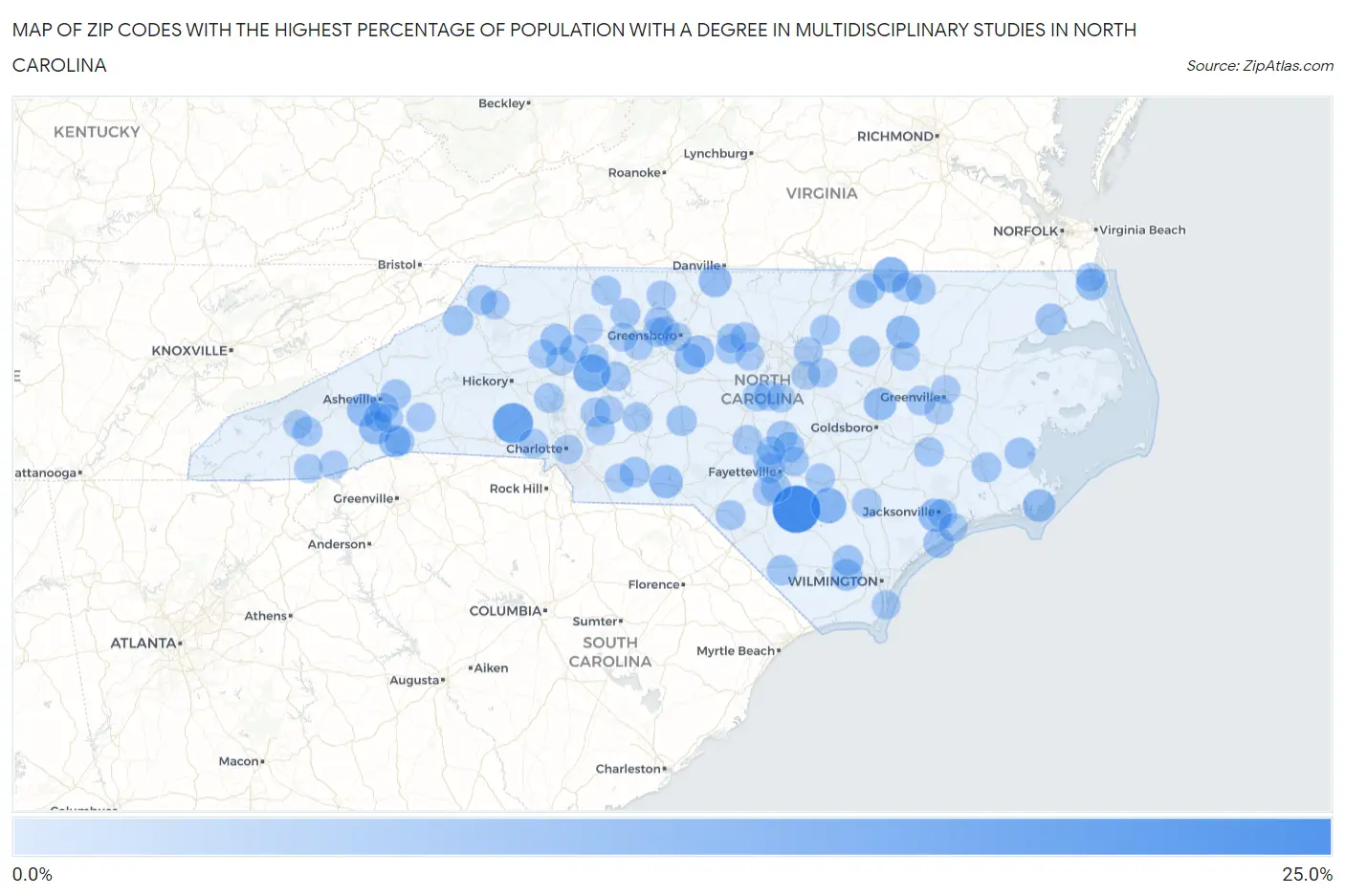 Zip Codes with the Highest Percentage of Population with a Degree in Multidisciplinary Studies in North Carolina Map