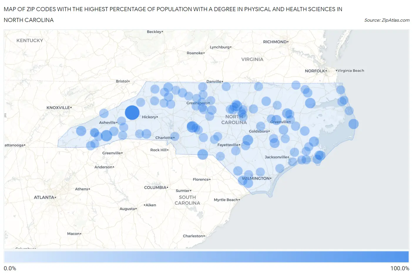 Zip Codes with the Highest Percentage of Population with a Degree in Physical and Health Sciences in North Carolina Map