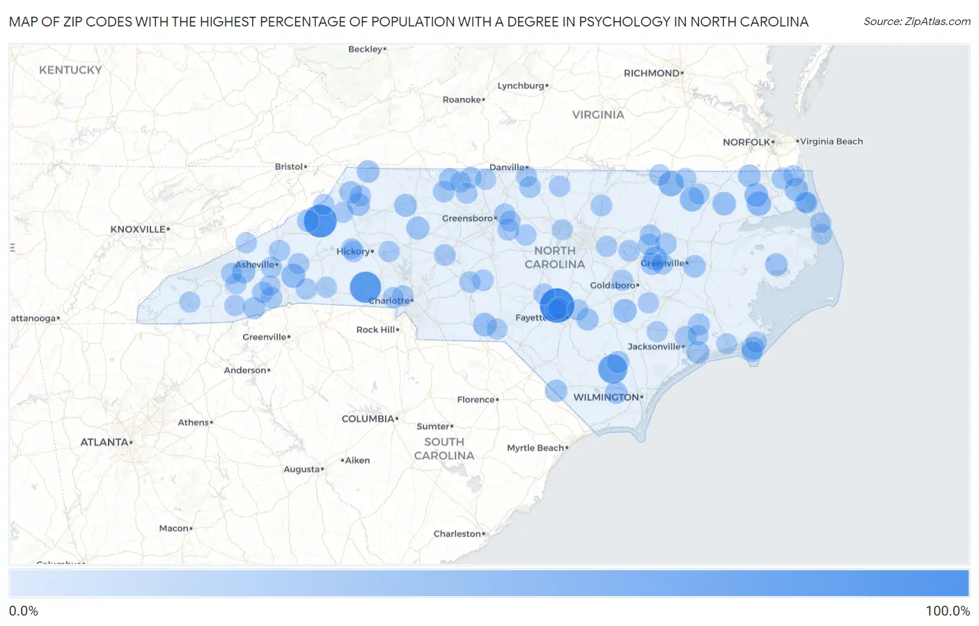 Zip Codes with the Highest Percentage of Population with a Degree in Psychology in North Carolina Map