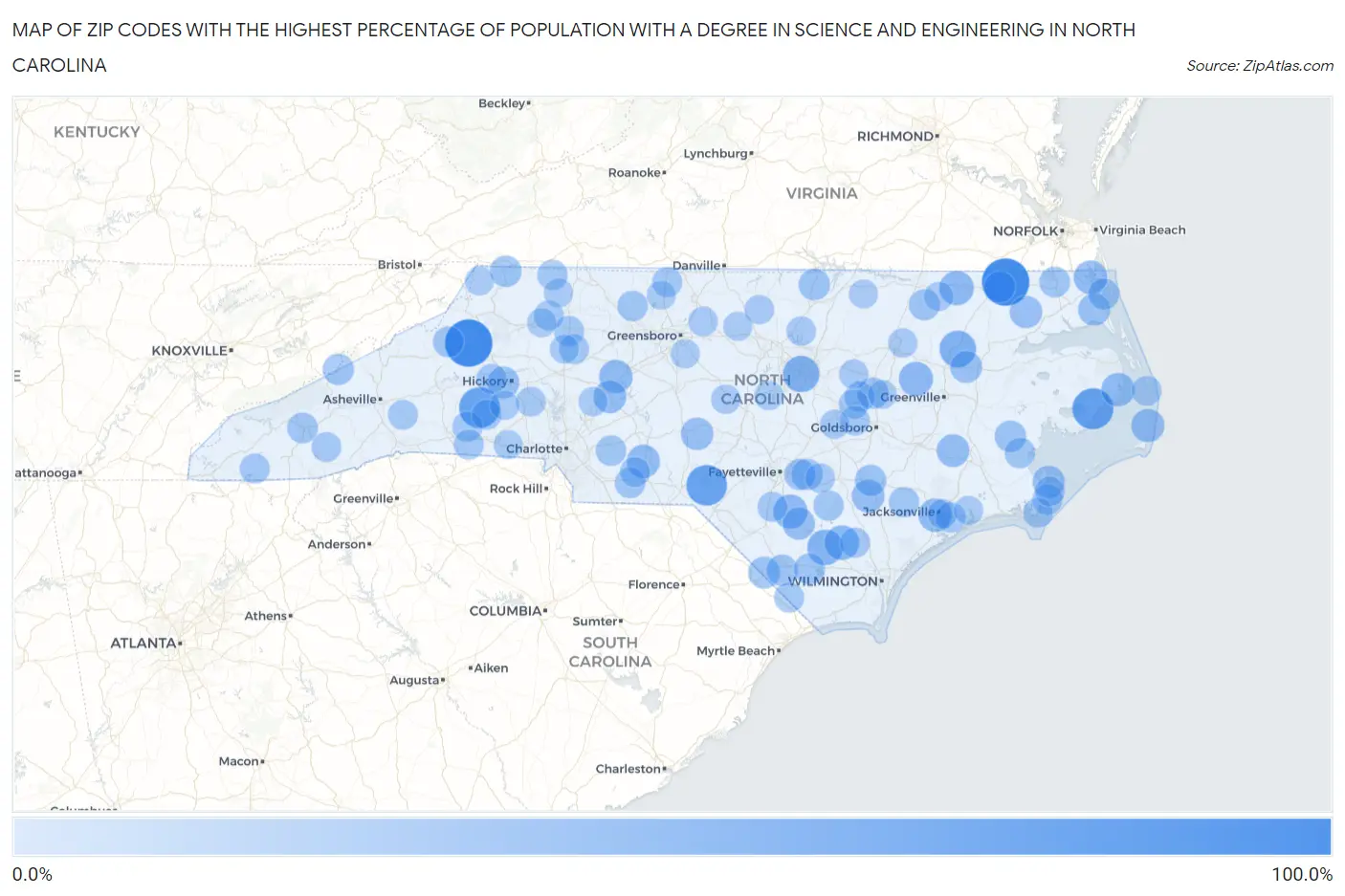 Zip Codes with the Highest Percentage of Population with a Degree in Science and Engineering in North Carolina Map