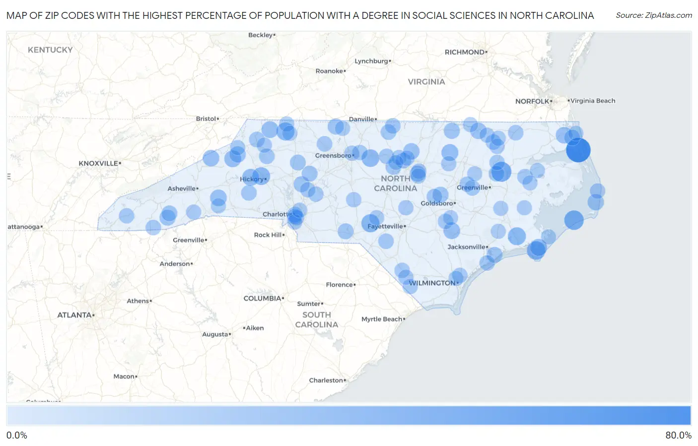 Zip Codes with the Highest Percentage of Population with a Degree in Social Sciences in North Carolina Map