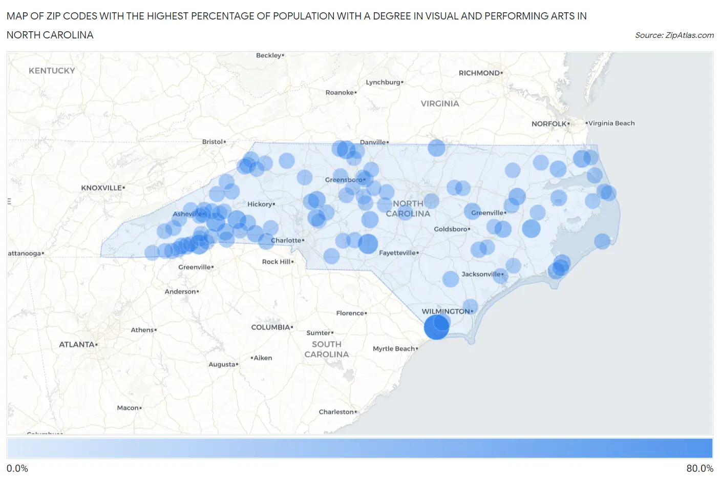 Zip Codes with the Highest Percentage of Population with a Degree in Visual and Performing Arts in North Carolina Map