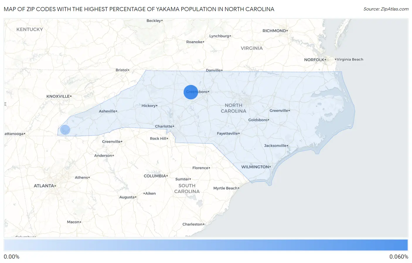 Zip Codes with the Highest Percentage of Yakama Population in North Carolina Map