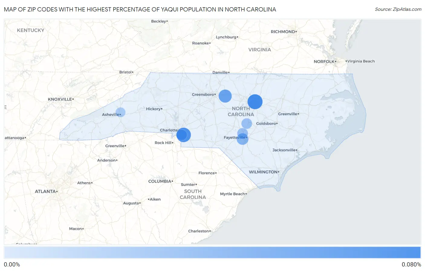 Zip Codes with the Highest Percentage of Yaqui Population in North Carolina Map