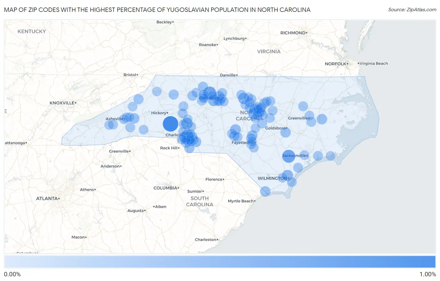 Zip Codes with the Highest Percentage of Yugoslavian Population in North Carolina Map