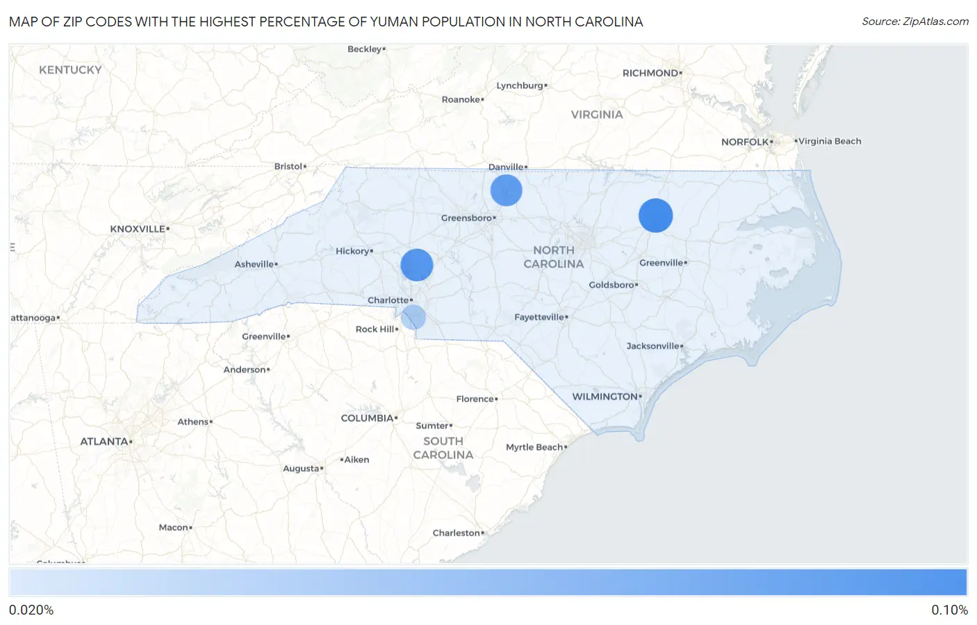 Zip Codes with the Highest Percentage of Yuman Population in North Carolina Map