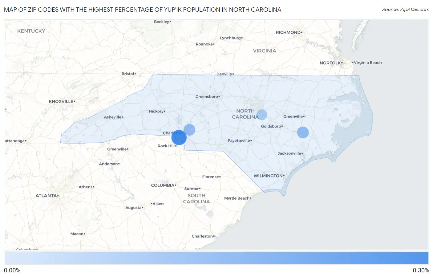 Zip Codes with the Highest Percentage of Yup'ik Population in North Carolina Map