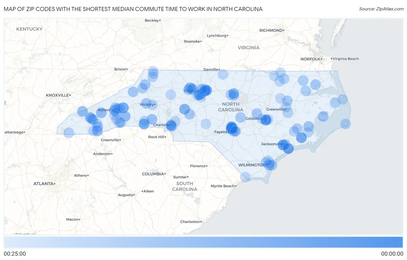 Zip Codes with the Shortest Median Commute Time to Work in North Carolina Map