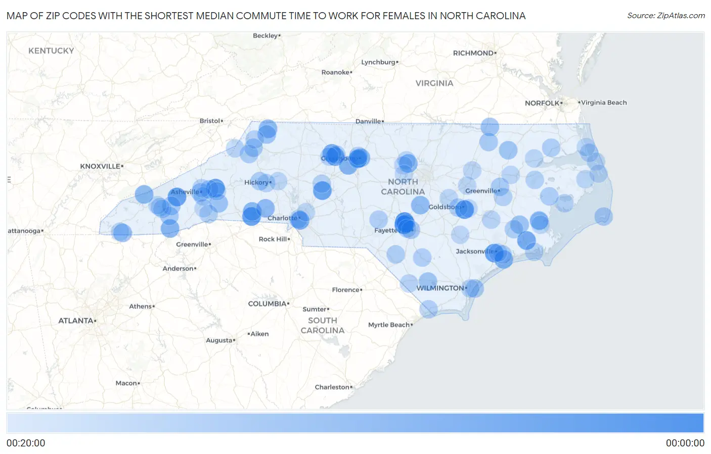 Zip Codes with the Shortest Median Commute Time to Work for Females in North Carolina Map