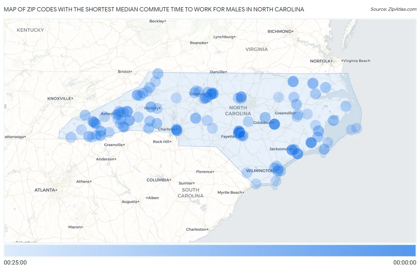 Zip Codes with the Shortest Median Commute Time to Work for Males in North Carolina Map