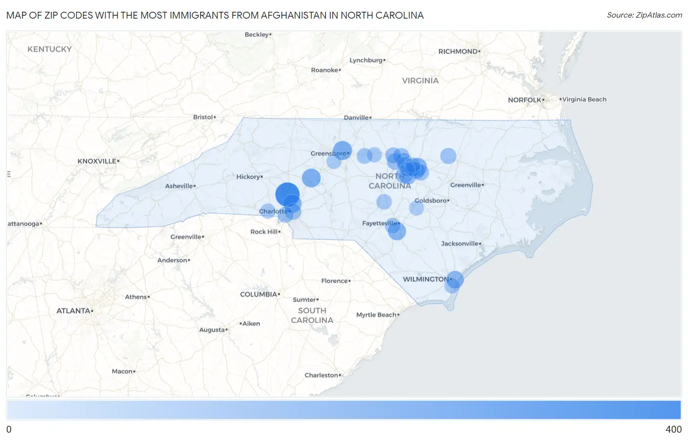 Zip Codes with the Most Immigrants from Afghanistan in North Carolina Map