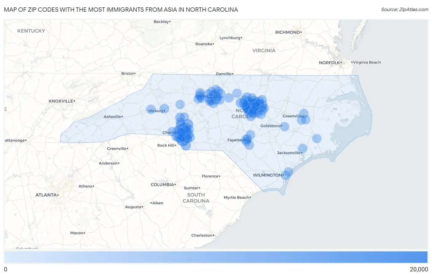 Zip Codes with the Most Immigrants from Asia in North Carolina Map
