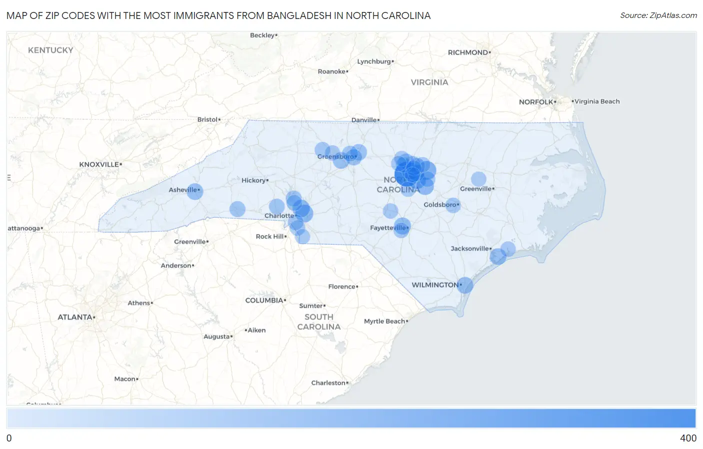 Zip Codes with the Most Immigrants from Bangladesh in North Carolina Map