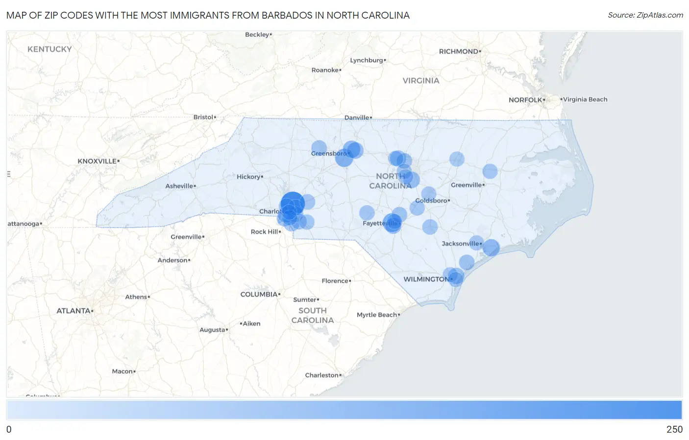 Zip Codes with the Most Immigrants from Barbados in North Carolina Map