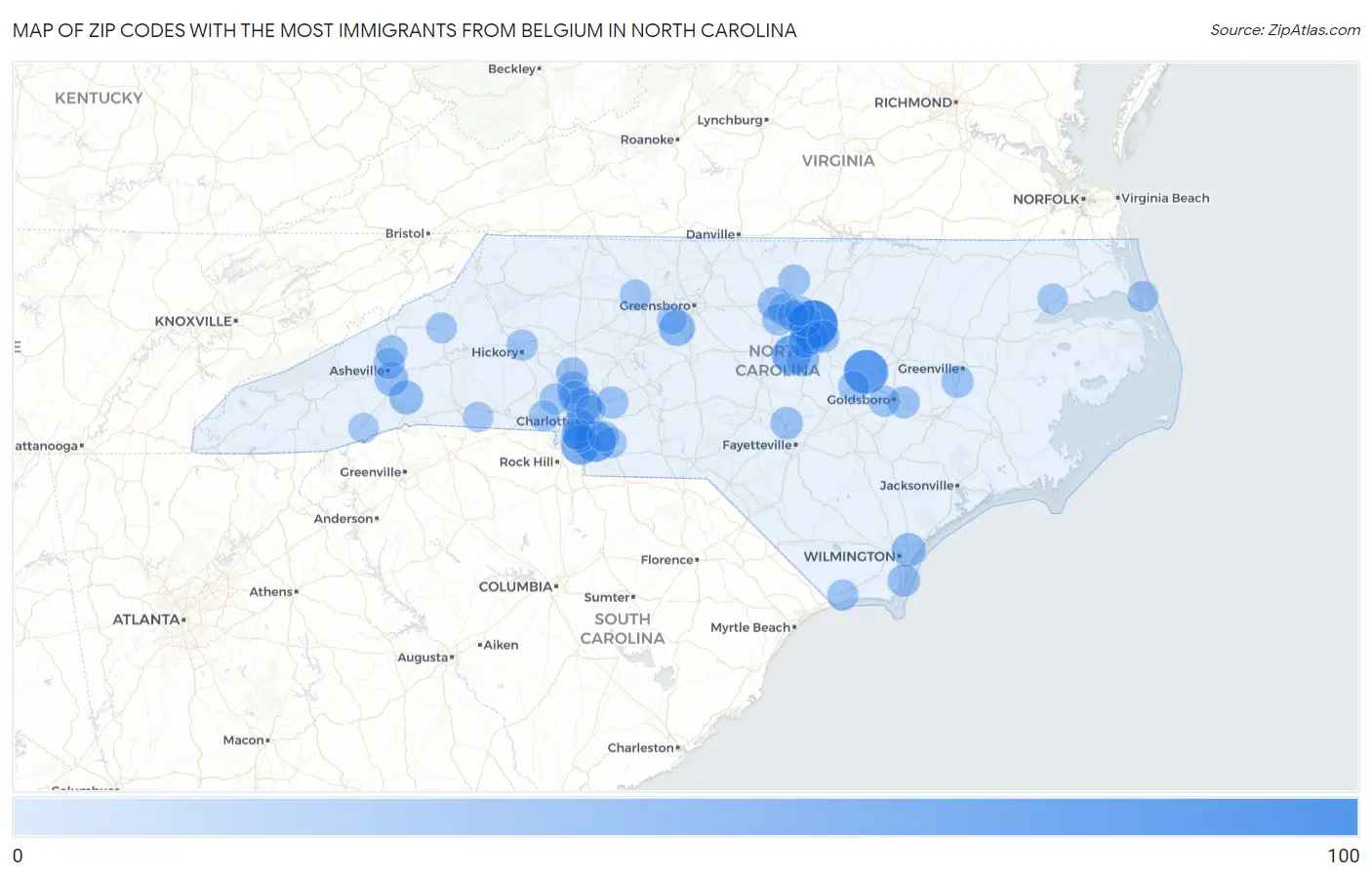 Zip Codes with the Most Immigrants from Belgium in North Carolina Map