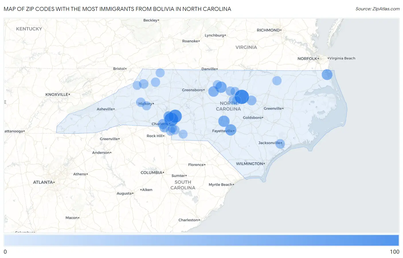 Zip Codes with the Most Immigrants from Bolivia in North Carolina Map