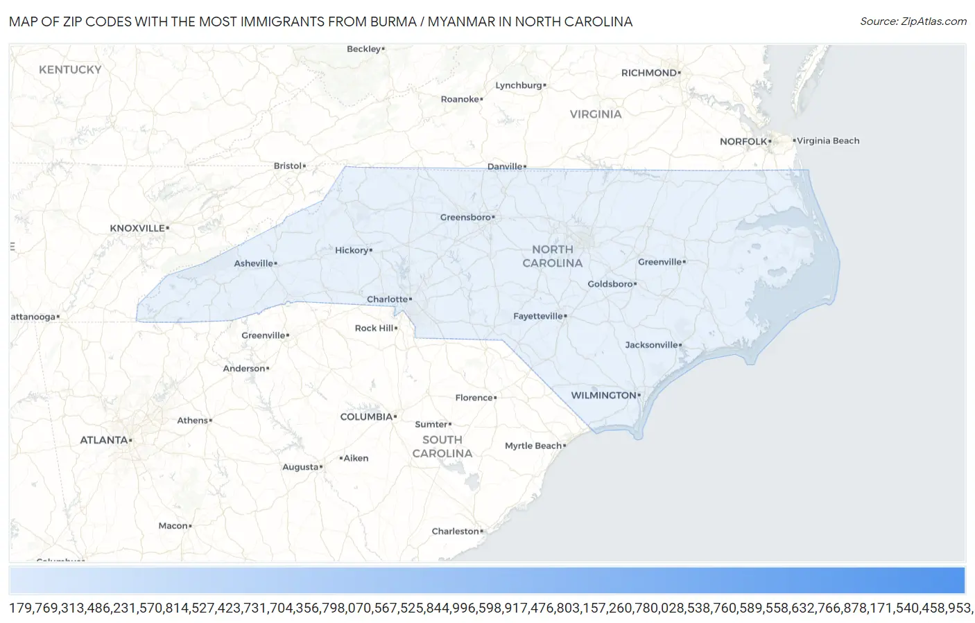 Zip Codes with the Most Immigrants from Burma / Myanmar in North Carolina Map