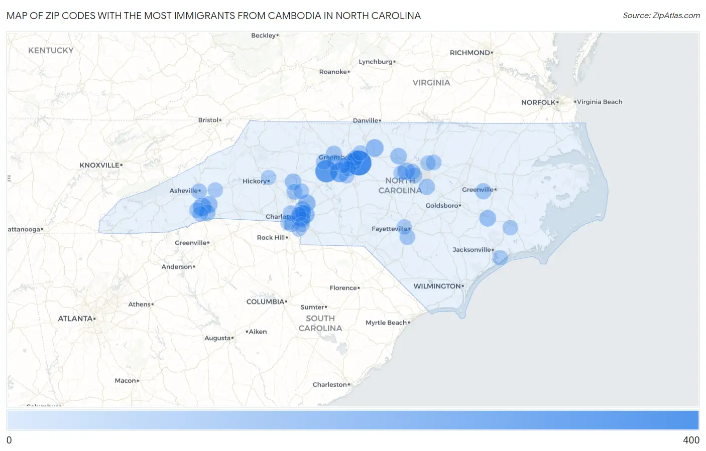 Zip Codes with the Most Immigrants from Cambodia in North Carolina Map