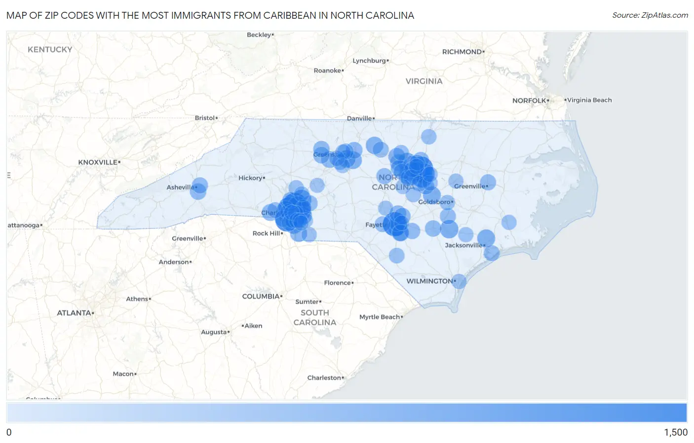 Zip Codes with the Most Immigrants from Caribbean in North Carolina Map
