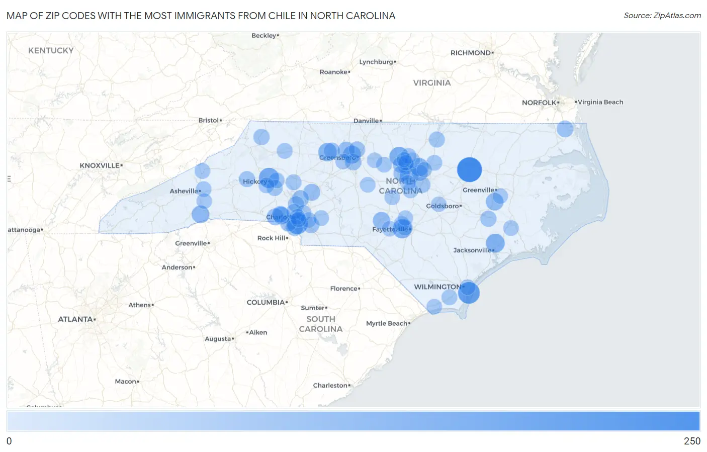Zip Codes with the Most Immigrants from Chile in North Carolina Map