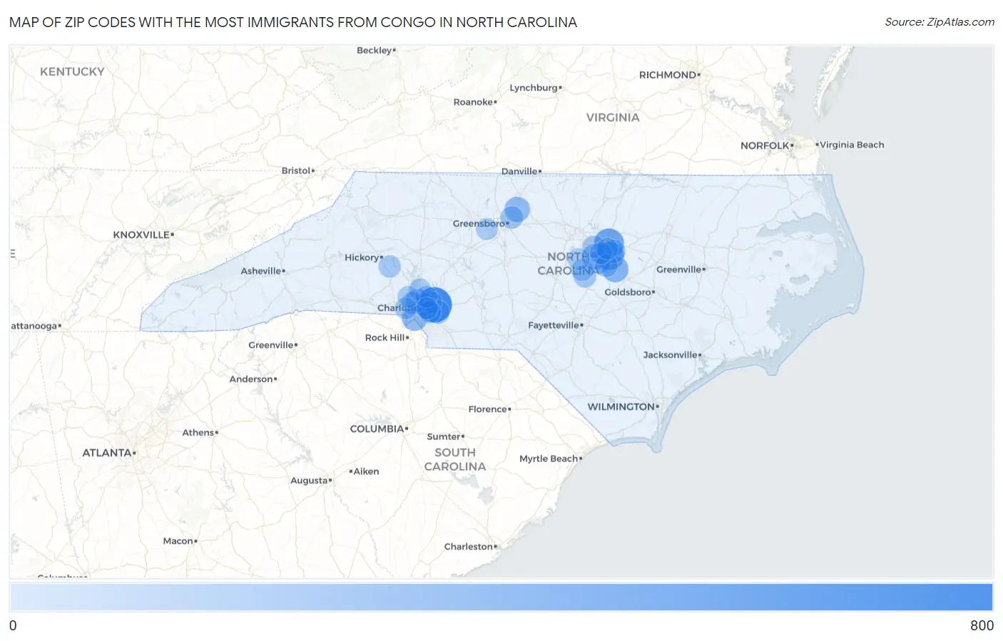 Zip Codes with the Most Immigrants from Congo in North Carolina Map