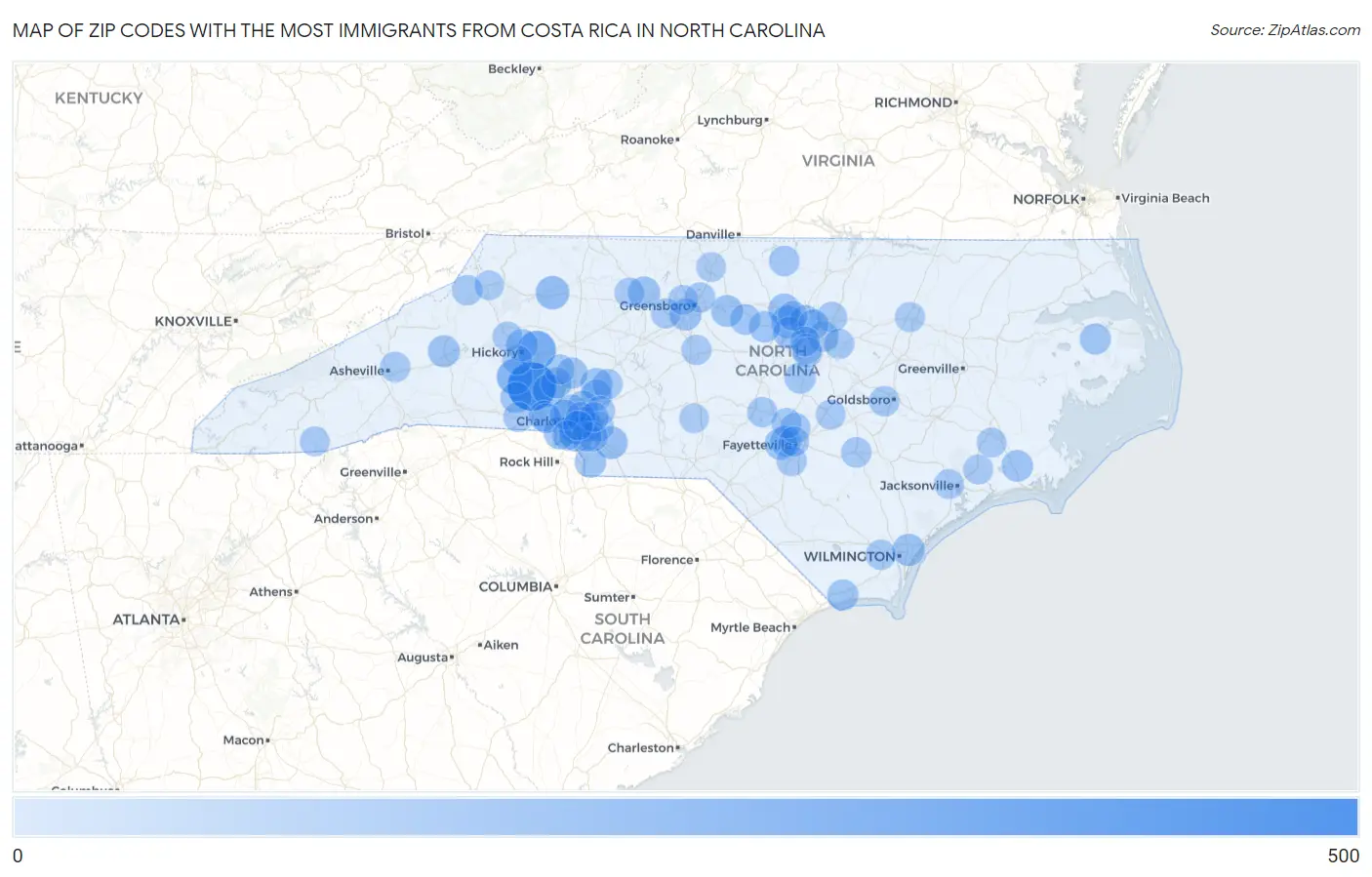Zip Codes with the Most Immigrants from Costa Rica in North Carolina Map