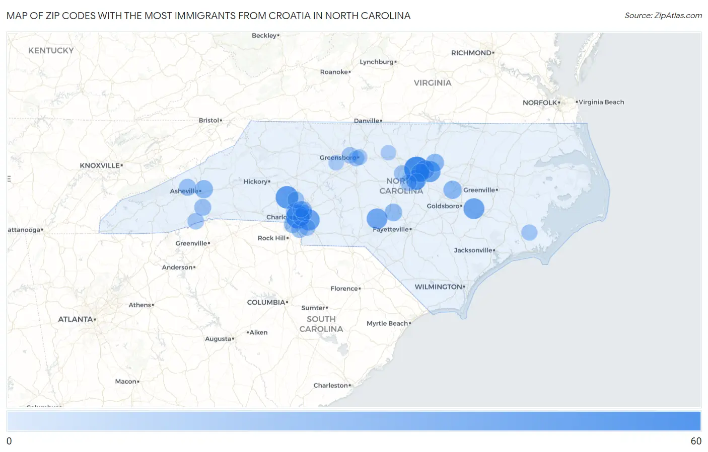 Zip Codes with the Most Immigrants from Croatia in North Carolina Map