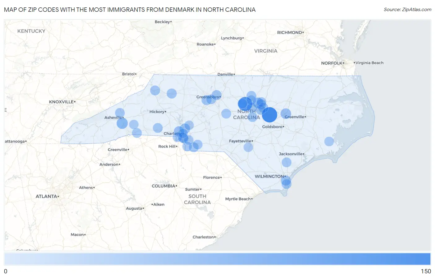 Zip Codes with the Most Immigrants from Denmark in North Carolina Map