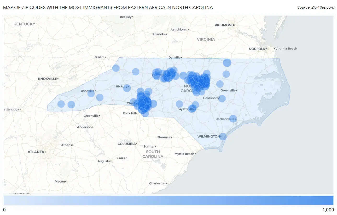 Zip Codes with the Most Immigrants from Eastern Africa in North Carolina Map