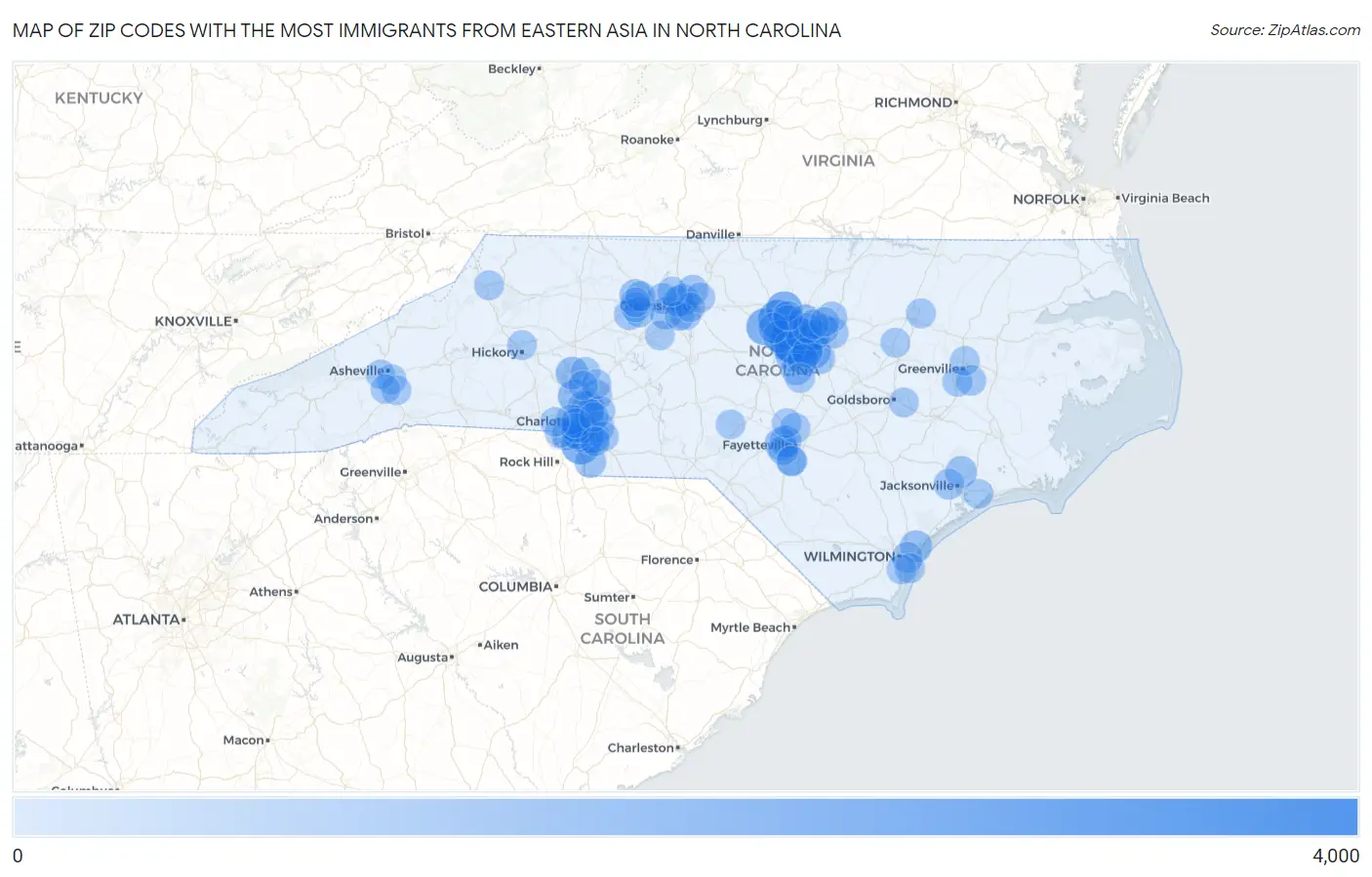 Zip Codes with the Most Immigrants from Eastern Asia in North Carolina Map