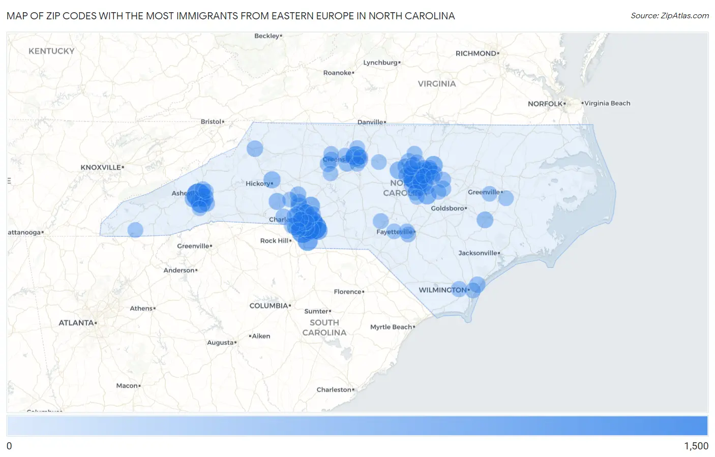 Zip Codes with the Most Immigrants from Eastern Europe in North Carolina Map