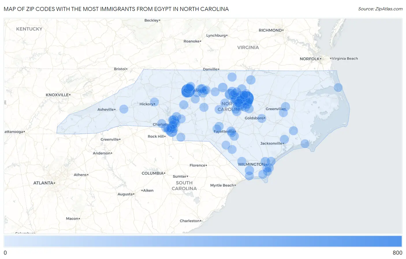 Zip Codes with the Most Immigrants from Egypt in North Carolina Map