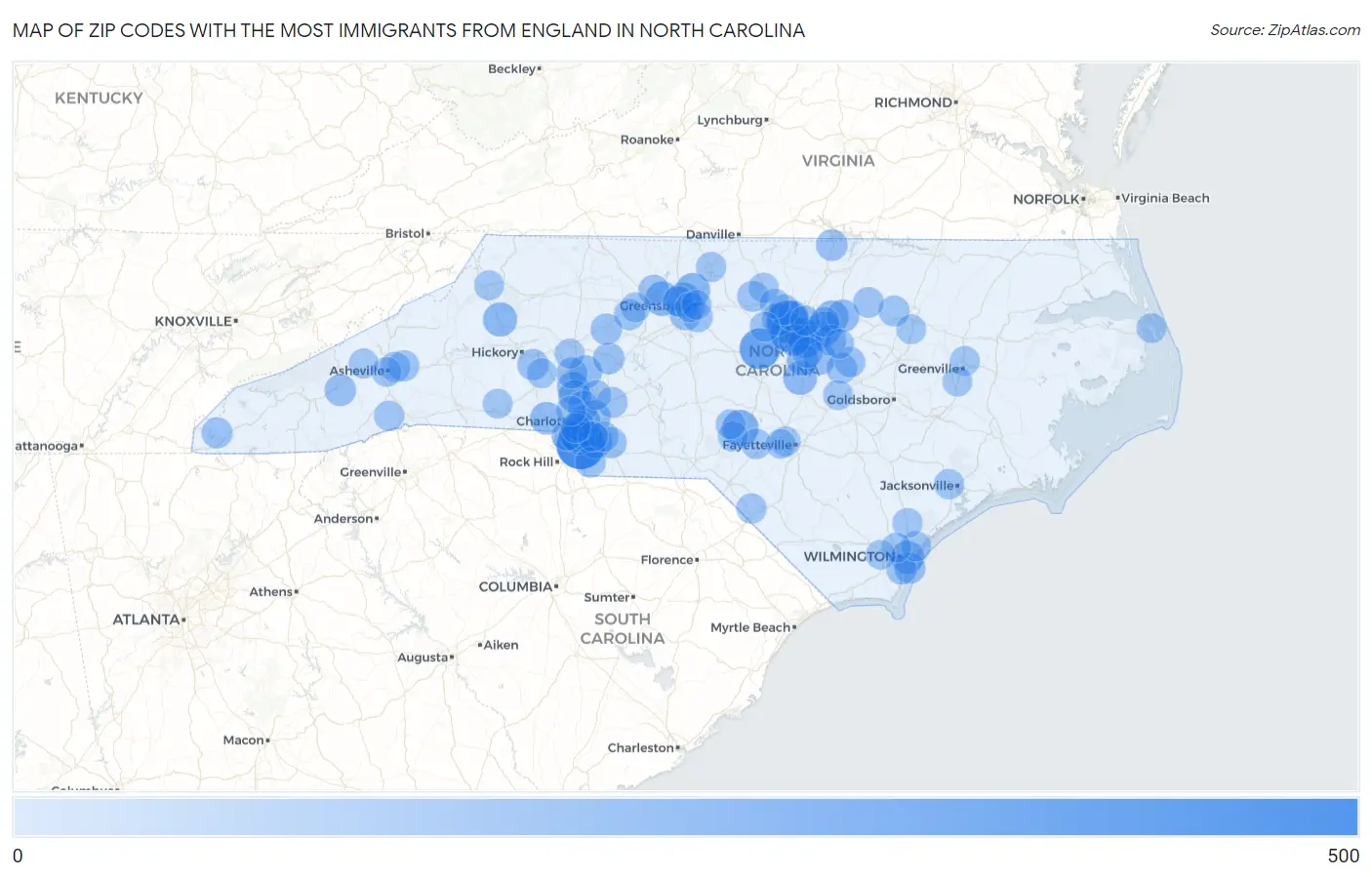 Zip Codes with the Most Immigrants from England in North Carolina Map