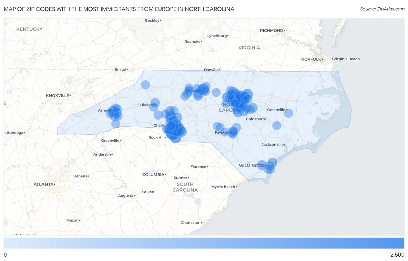 Zip Codes with the Most Immigrants from Europe in North Carolina Map