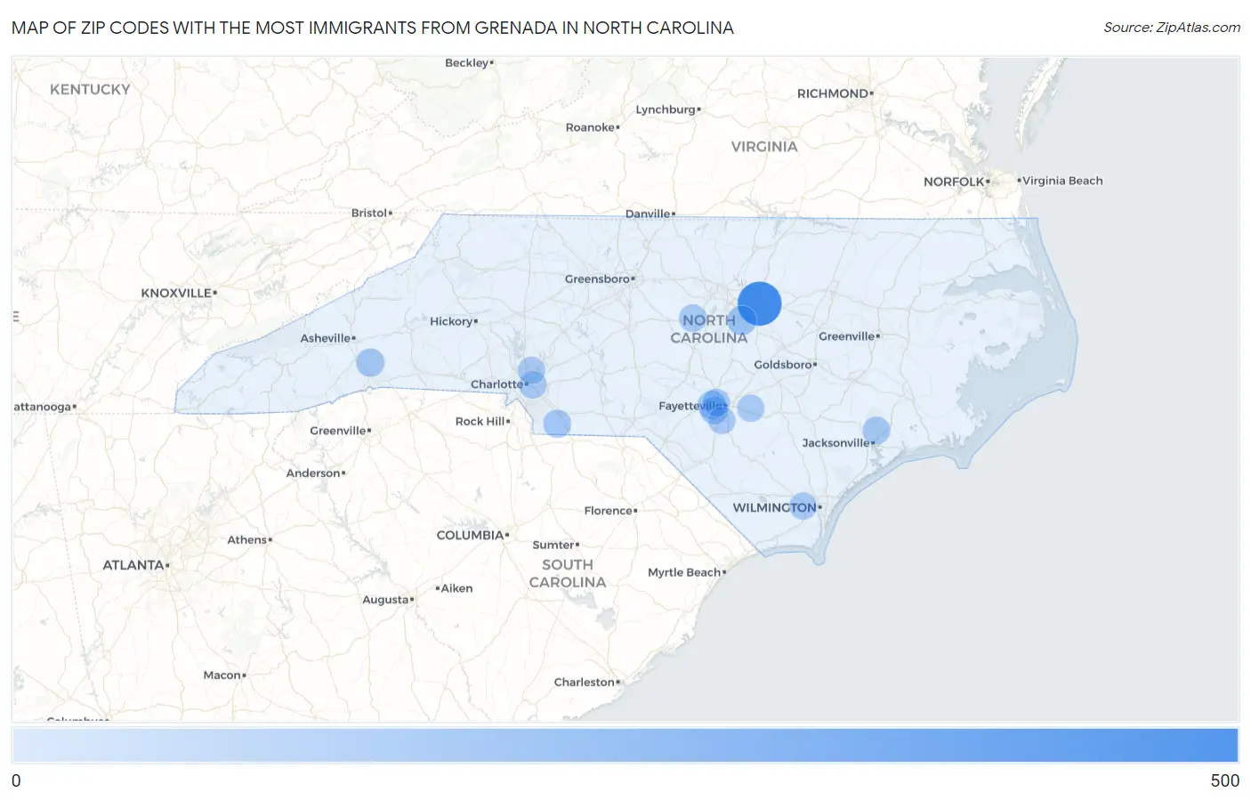 Zip Codes with the Most Immigrants from Grenada in North Carolina Map