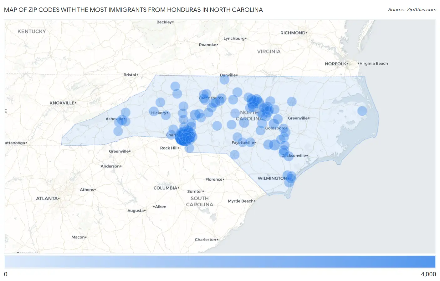 Zip Codes with the Most Immigrants from Honduras in North Carolina Map