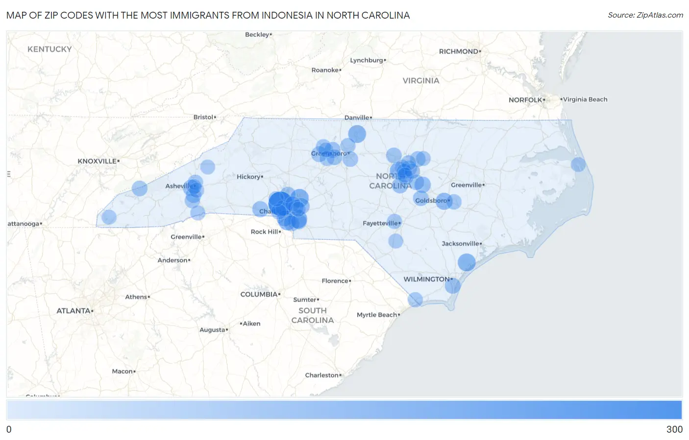 Zip Codes with the Most Immigrants from Indonesia in North Carolina Map