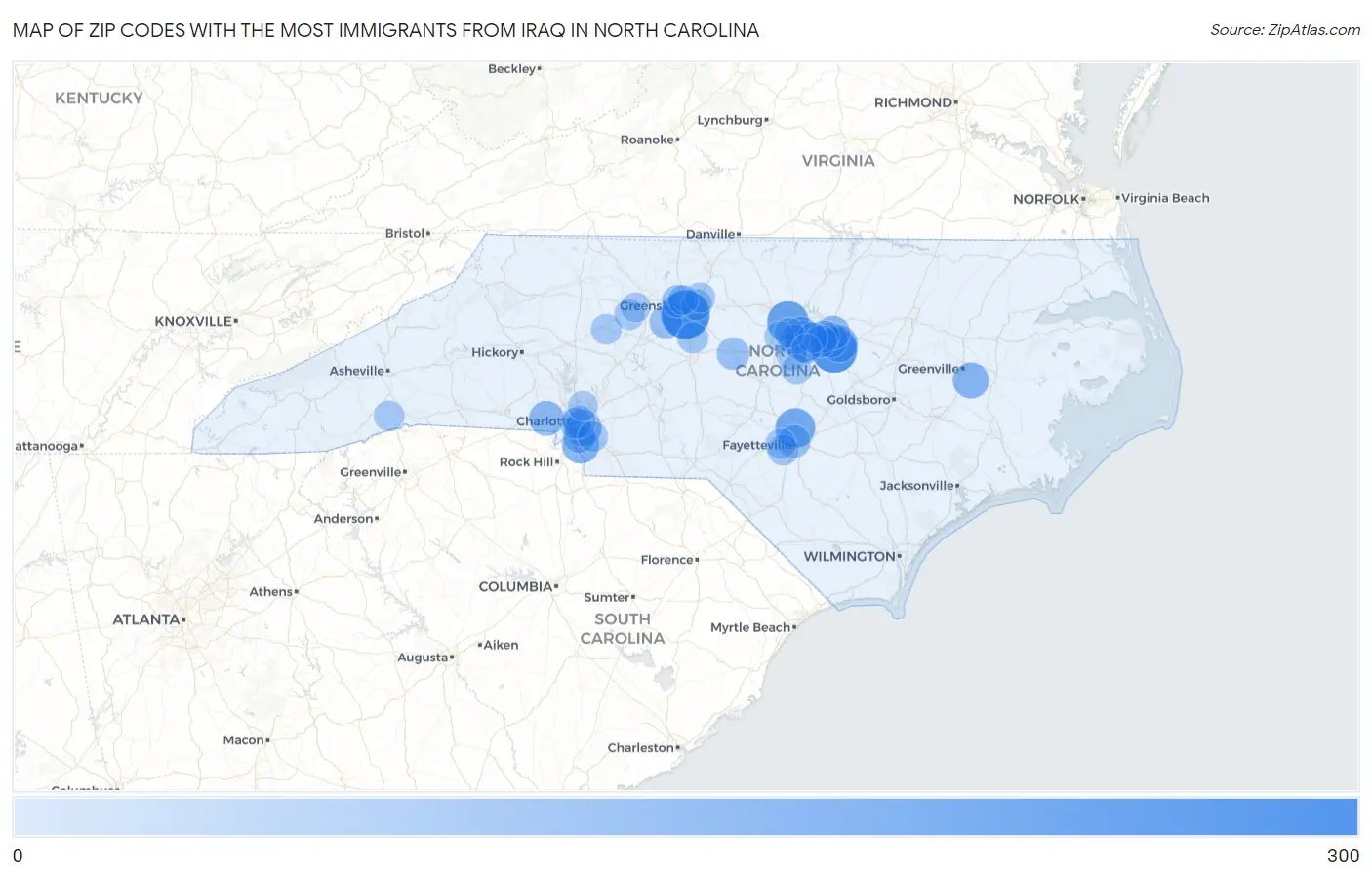 Zip Codes with the Most Immigrants from Iraq in North Carolina Map
