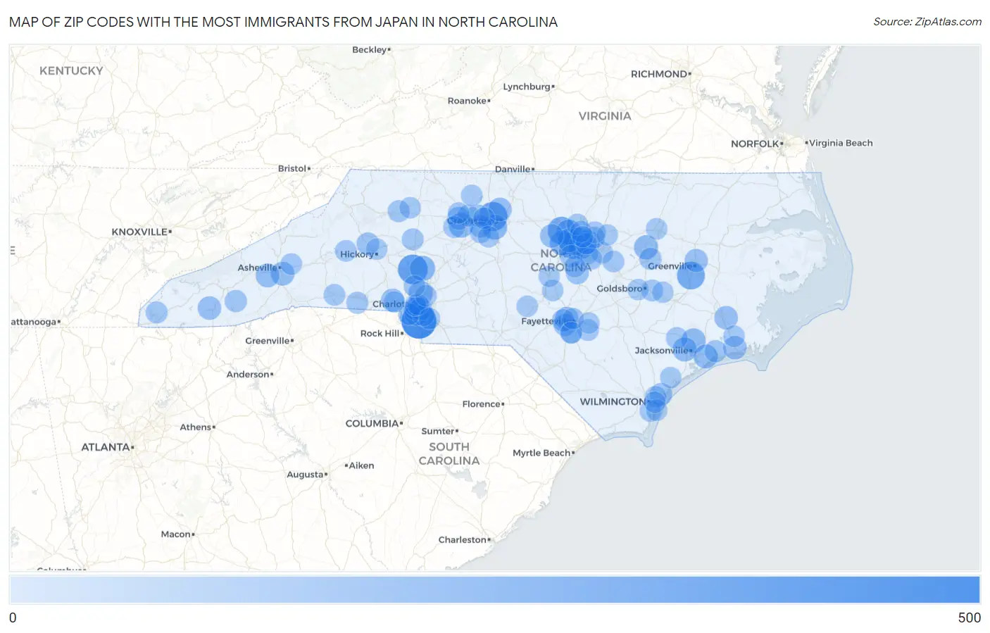 Zip Codes with the Most Immigrants from Japan in North Carolina Map